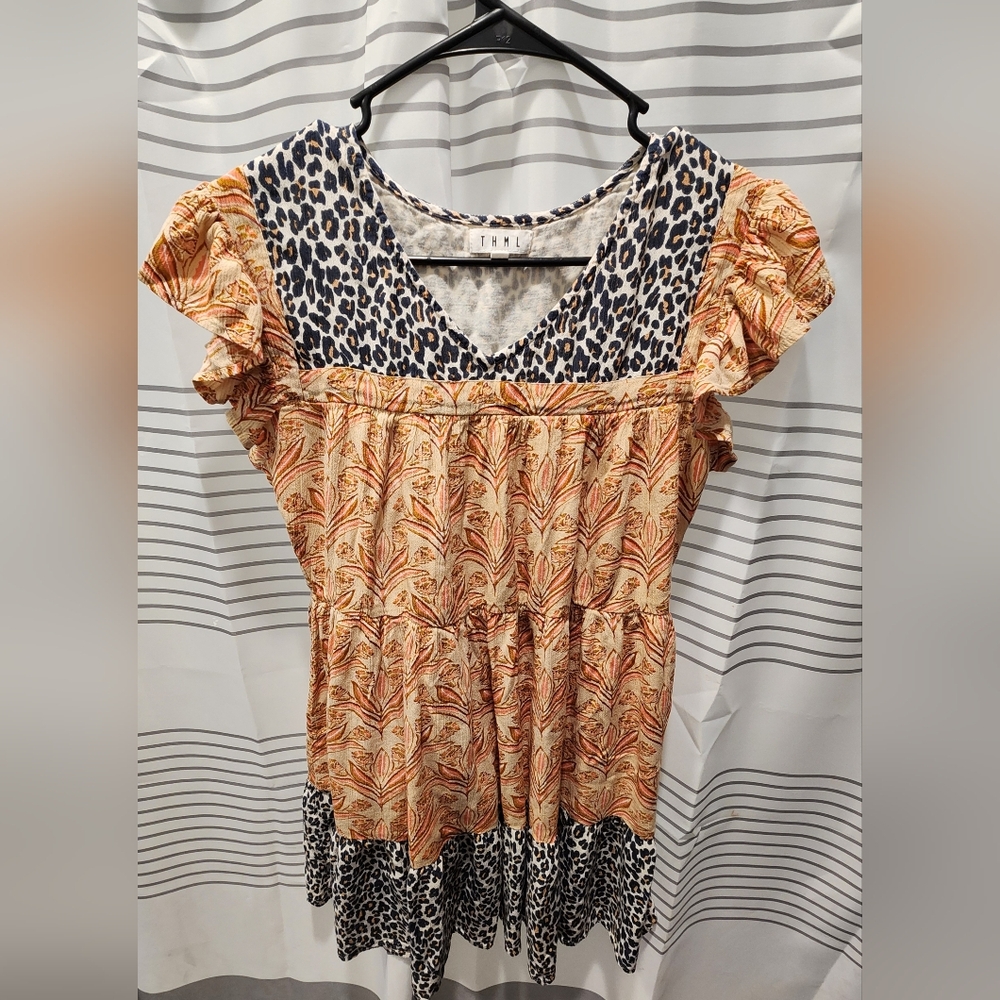 THML‎ Women’s Size Small 100% Cotton Multi Print Leopard/orange Floral Dress